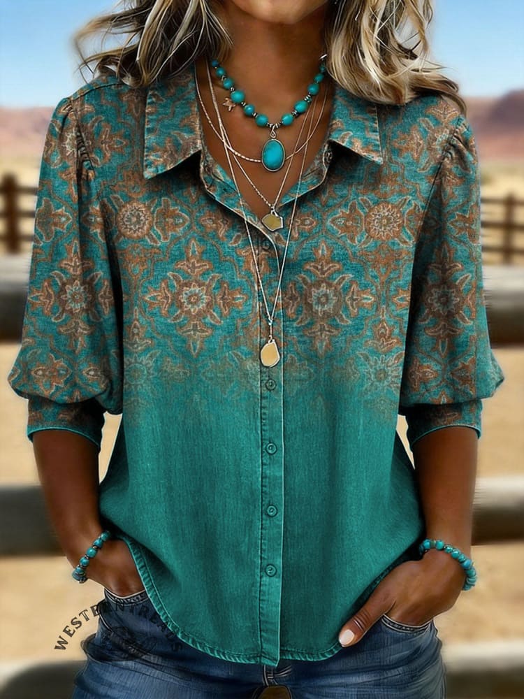 Vintage Western Print Casual Cotton Shirt