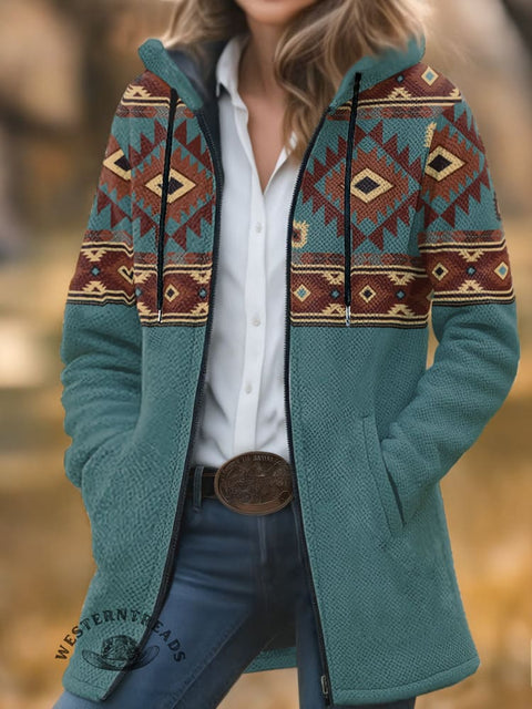 Aztec Print Unisex Plush Thick Long-Sleeved Cardigan Coat