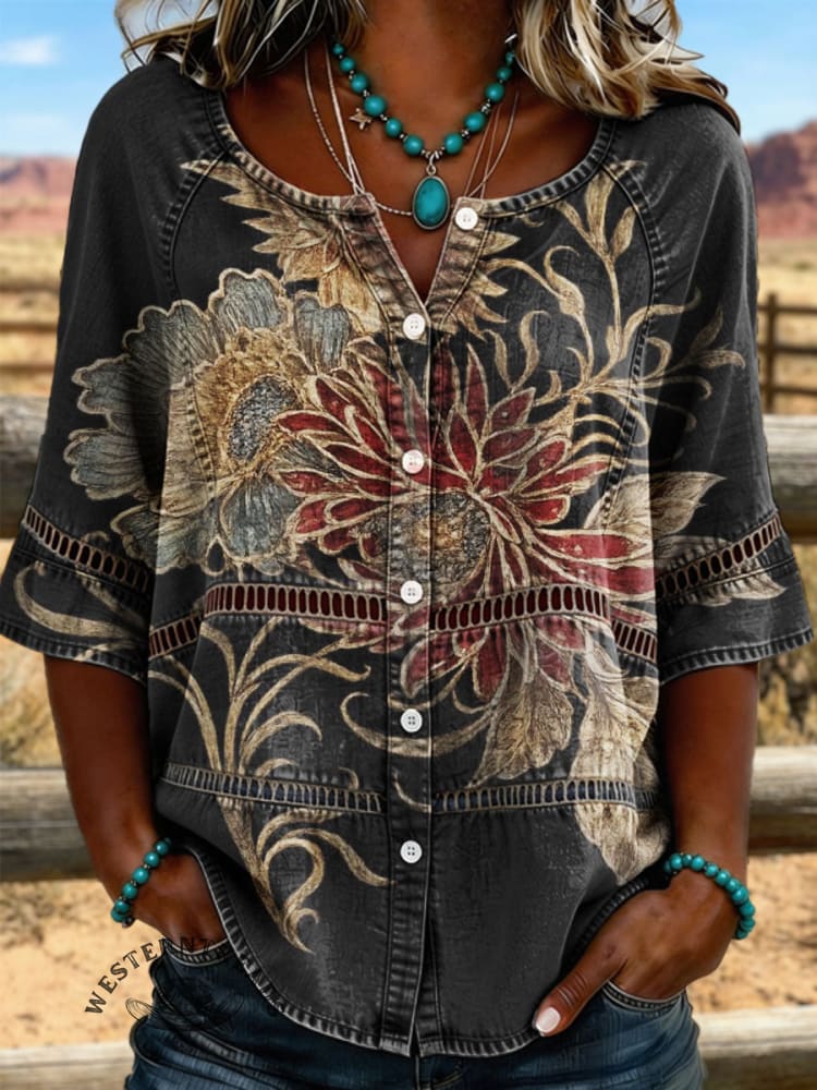 Vintage Art Hollowed Out Lace Patchwork Flowers Denim Shirt