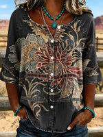 Vintage Art Hollowed Out Lace Patchwork Flowers Denim Shirt