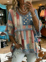 Vintage USA Art Print Patchwork Cotton And Linen Shirt