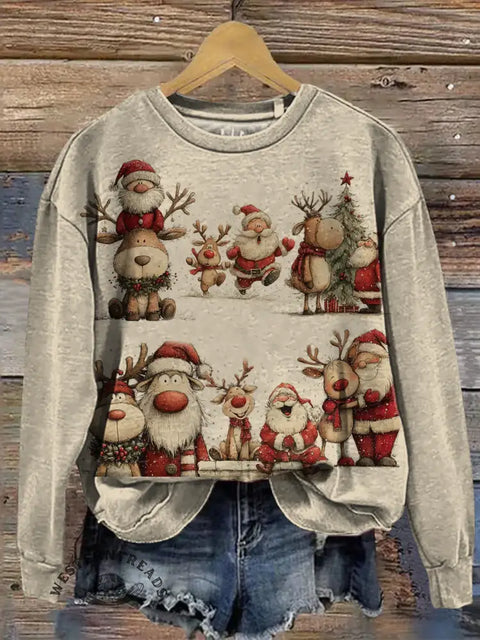 Women's Retro Christmas Art Print Casual Sweatshirt
