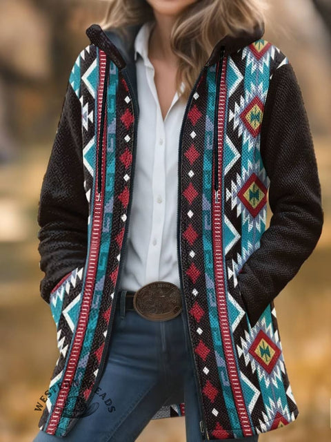 Aztec Print Unisex Plush Thick Long-sleeved Cardigan Coat