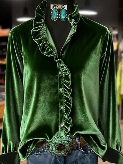 Women's Ruffled Casual Velvet Top