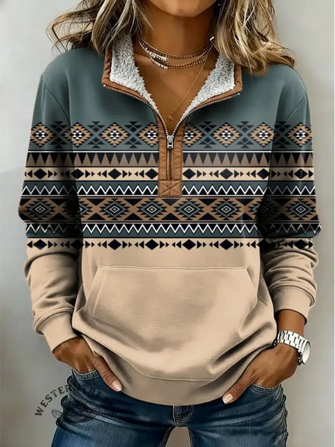 Aztec Print Casual Half-zip Cotton Sweatshirt
