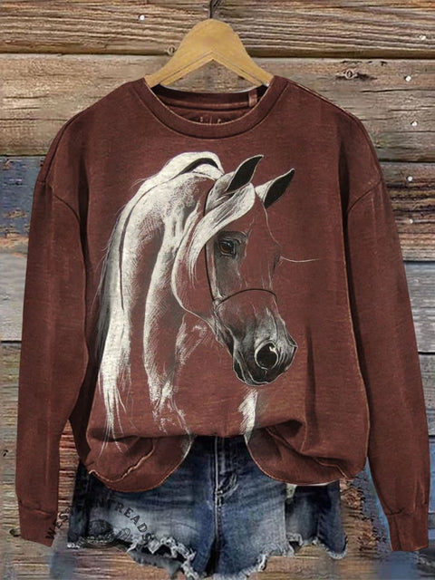 Retro Horse Print Casual Cotton Sweatshirt