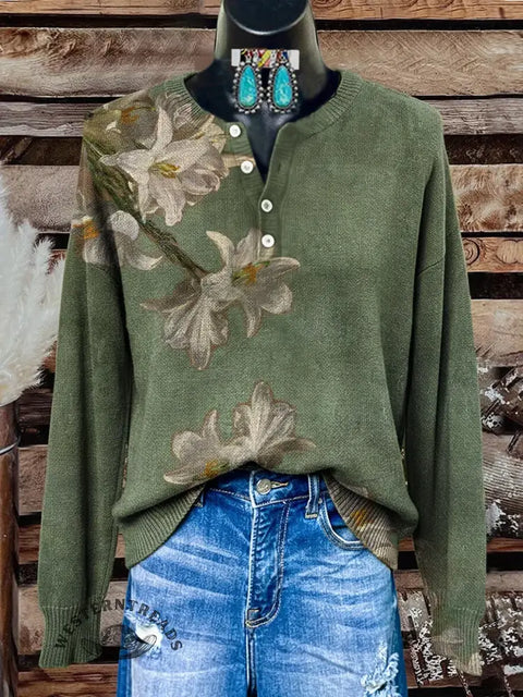 Retro Floral Art Print Buttoned Cardigan Sweater