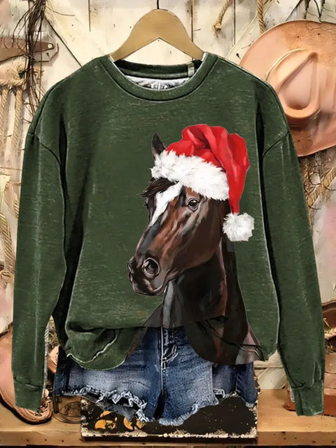 Retro Horse Art Casual Cotton Sweatshirt
