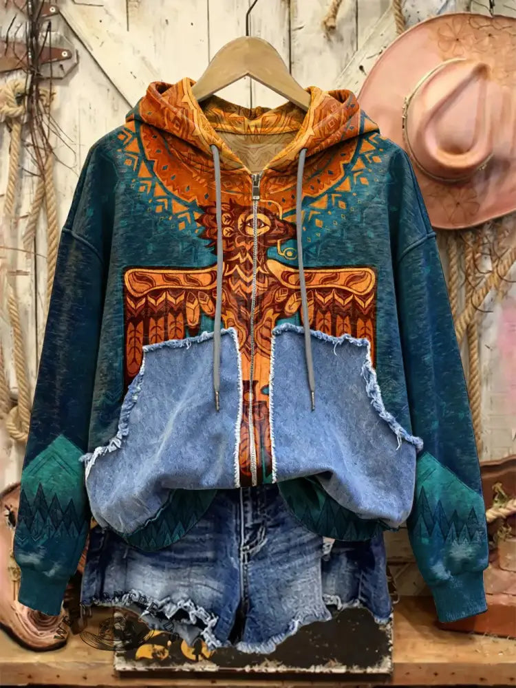 Retro Print Casual Cotton Patchwork Hooded Zip-up Sweatshirt