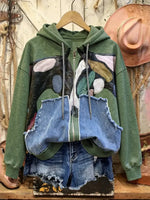 Retro Horse Print Casual Cotton Patchwork Hooded Zip-up Sweatshirt