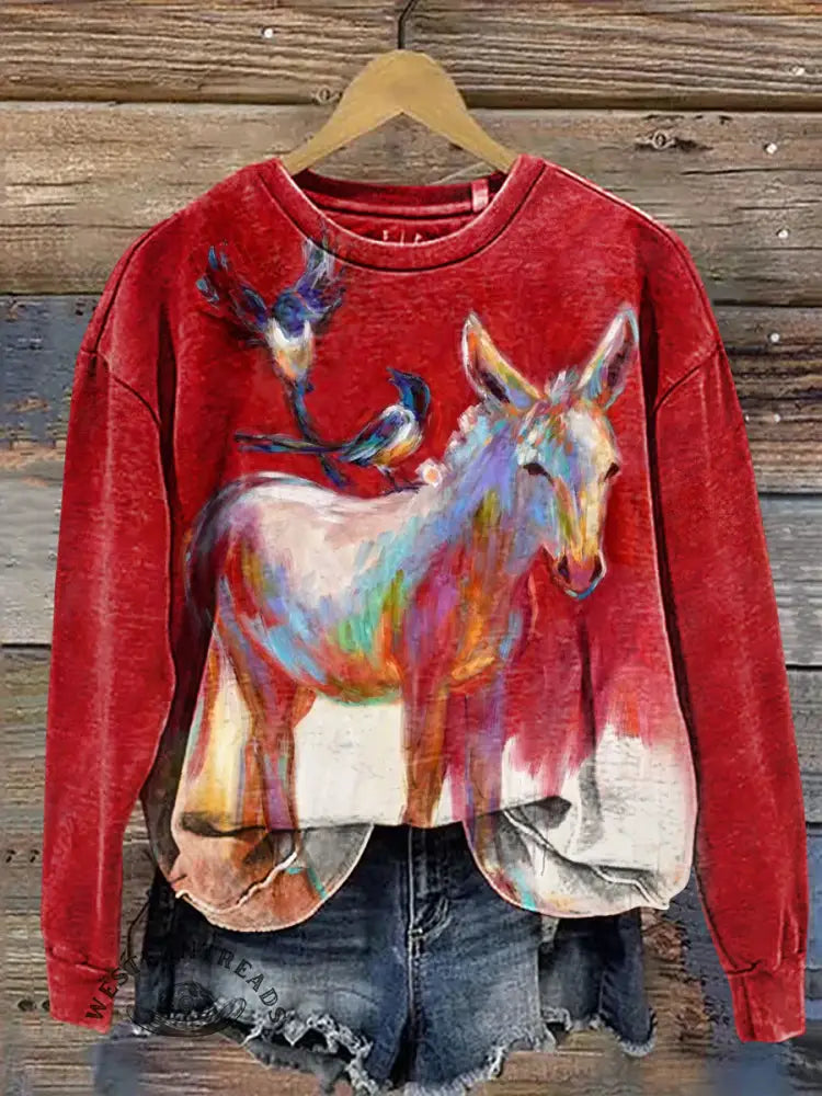 Retro Color Donkey Pattern Art Print Casual Sweatshirt