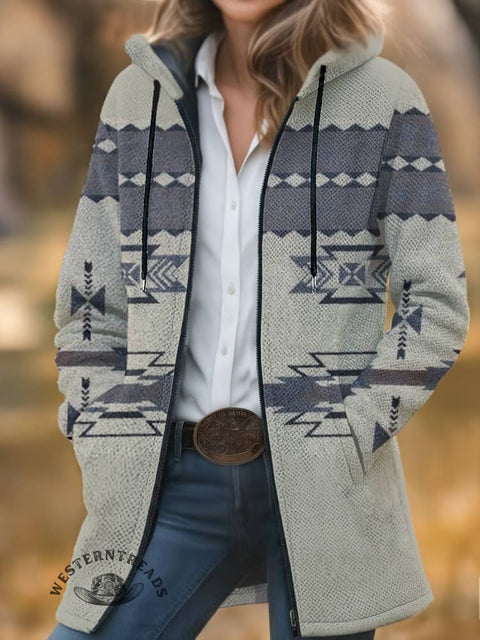 Aztec Print Unisex Plush Thick Long-sleeved Cardigan Coat