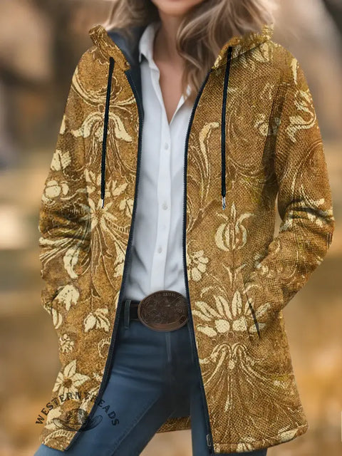 Retro Flower Unisex Plush Thick Long-sleeved Cardigan Coat