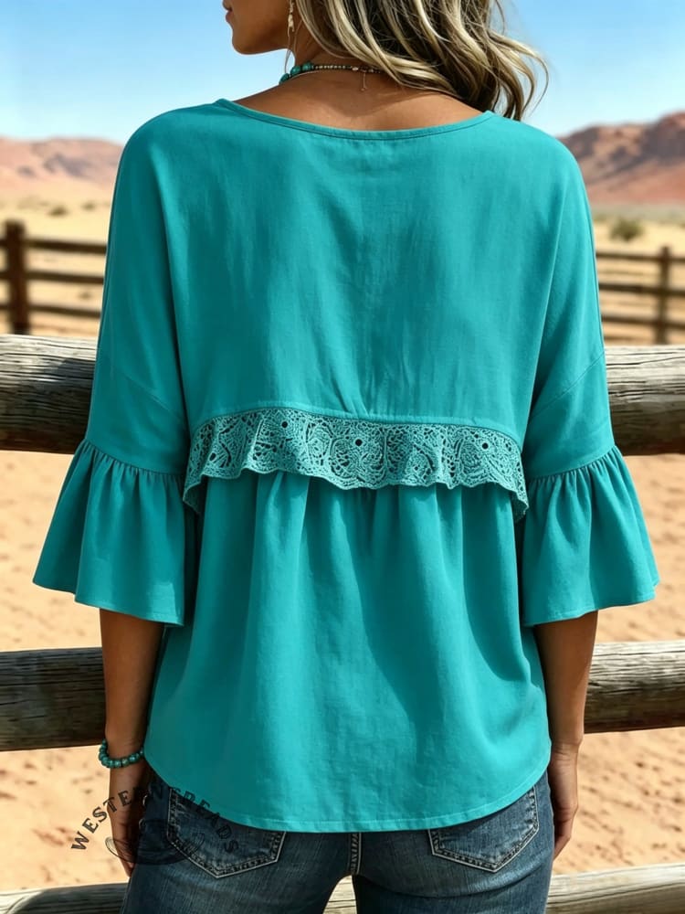 Women's Vintage Lace Patchwork Ruffle Neck Cotton Top