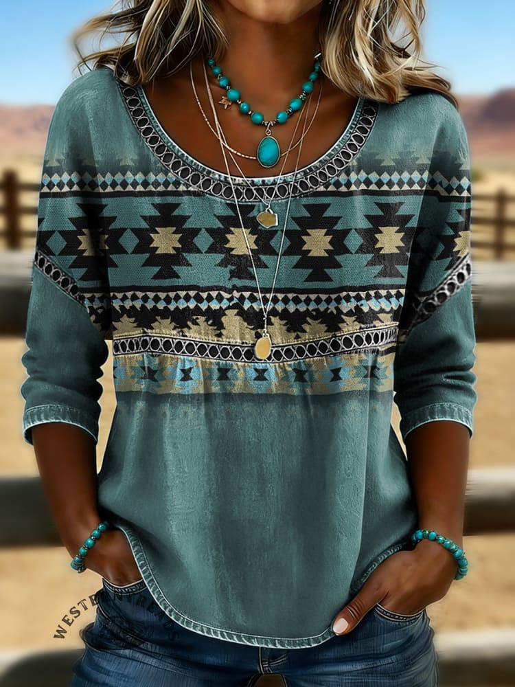 Women's Vintage Aztec Print Casual 3/4 Sleeves Hollow Lace Denim Shirt