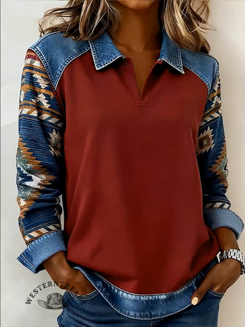 Casual Aztec patchwork denim sweatshirt