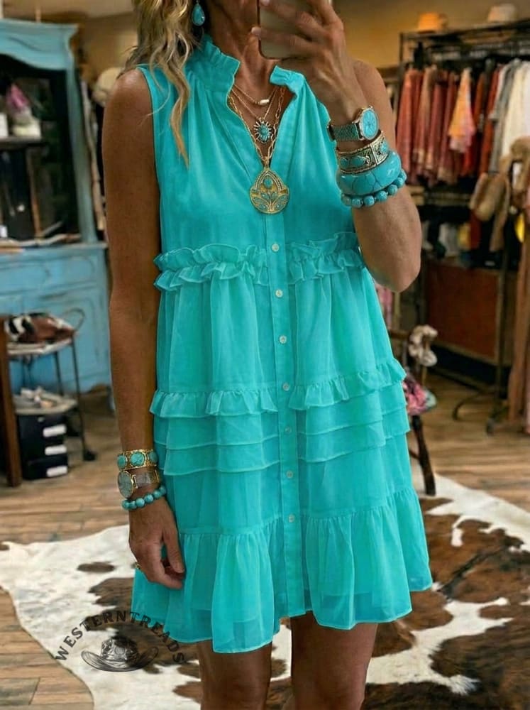 Women's Solid Casual Ruffle Sleeveless Dress
