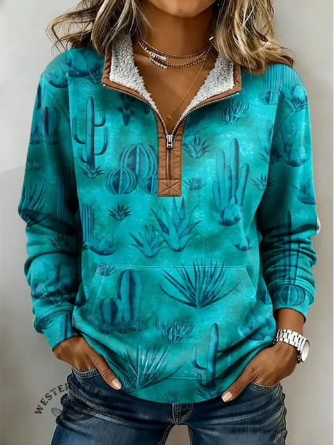 Turquoise Wild West Print Casual Half-Zip Cotton Sweatshirt
