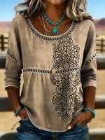 Women's Retro Floral Print Casual Hollow Denim Shirt