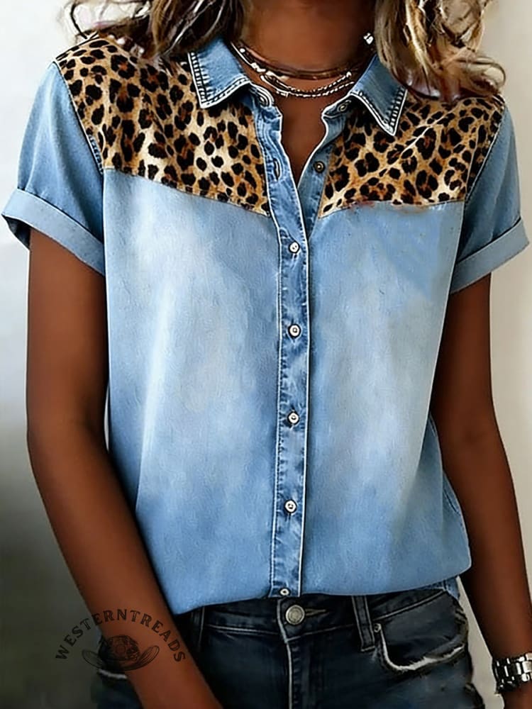 Women's Washed Denim Leopard Print Shirt