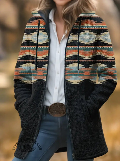 Aztec Print Unisex Plush Thick Long-Sleeved Cardigan Coat