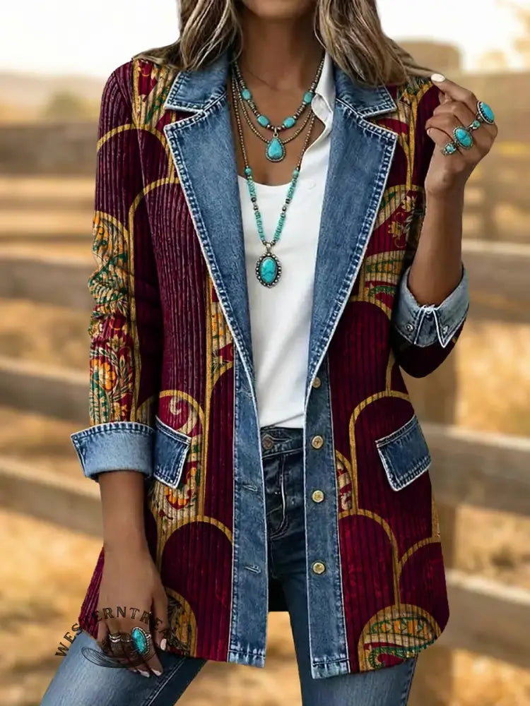 Retro Floral Art Print Patchwork Denim Sweater Cardigan Coat