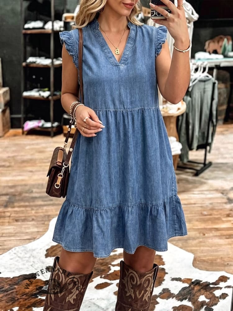 Vintage Art Western Ruffle Patchwork Denim Dress