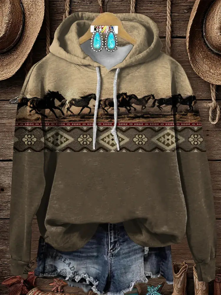 Retro Horse Aztec Pattern Print Cotton Casual Hoodie Sweatshirt