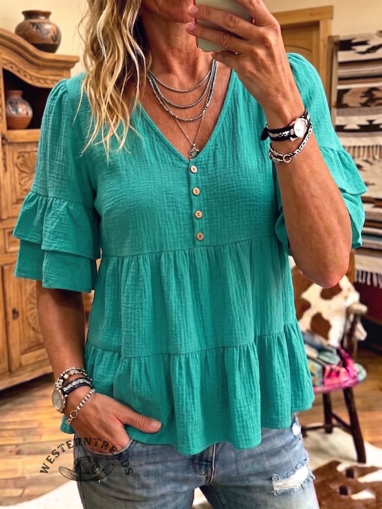 Women's Vintage Ruffle-Sleeve Casual Shirt