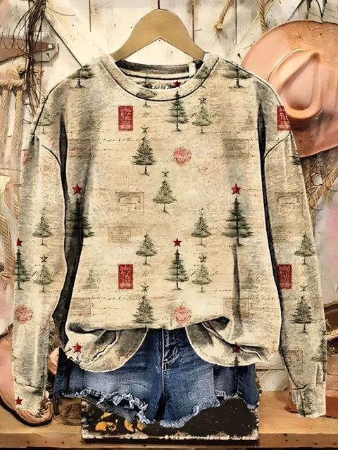 Retro Christmas Print Casual Cotton Sweatshirt