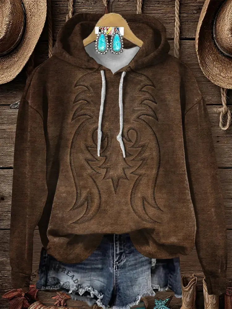 Retro Texture Cowboy Boot Stitching Print Cotton Casual Hoodie Sweatshirt