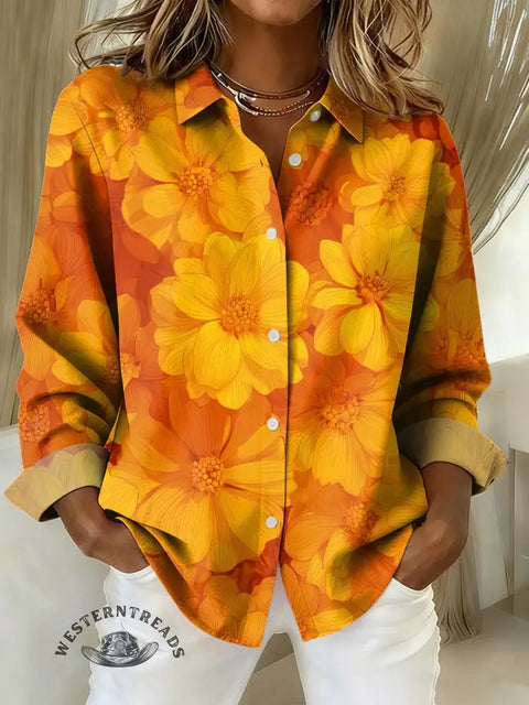 Women's Flower Art Print Casual Cotton Shirt