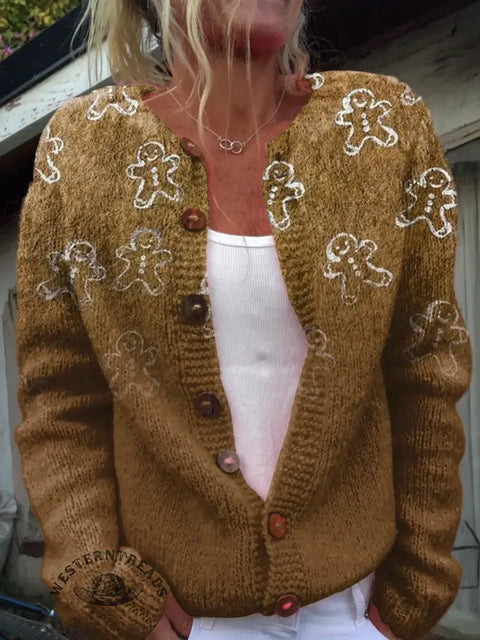 Retro Gingerbread Man Print Buttoned Cardigan Sweater