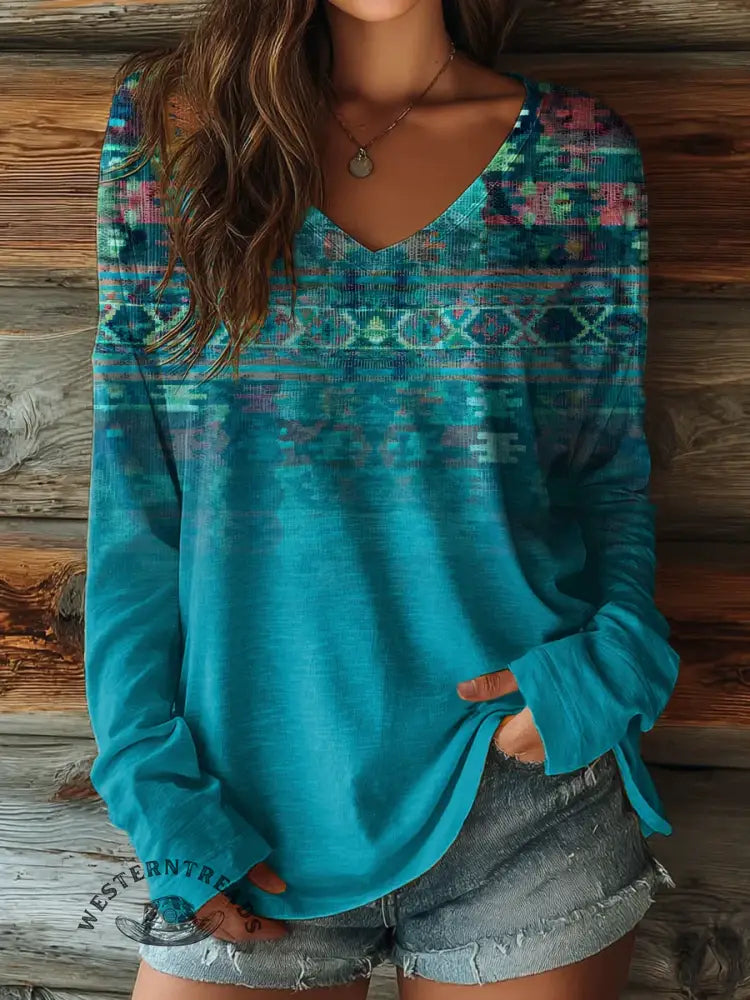 100% Cotton🍃Retro Art Print Casaul V-collar Long Sleeve Tee