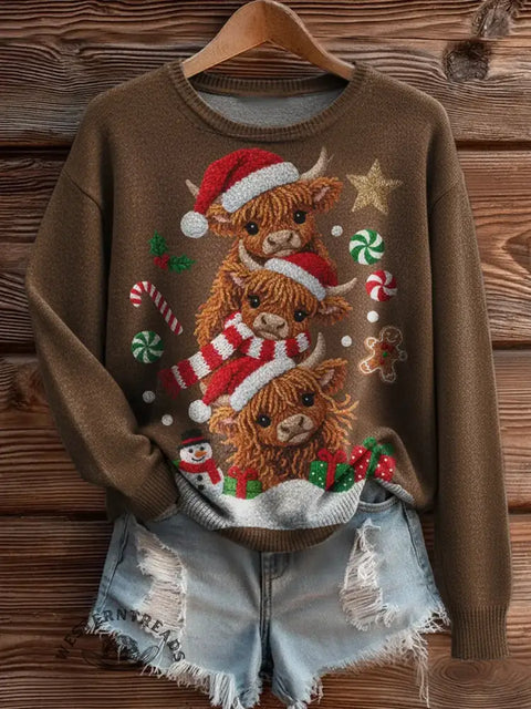 Highland Cow Christmas Art Print Casual Sweater