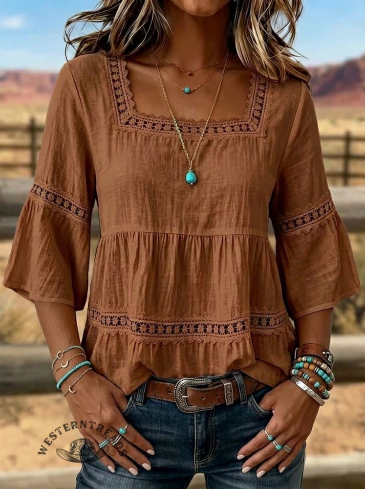 Women's Hollow Spliced Casual 3/4 Sleeve Shirt