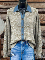 Denim Floral Polo Collar Button Cardigan Sweater