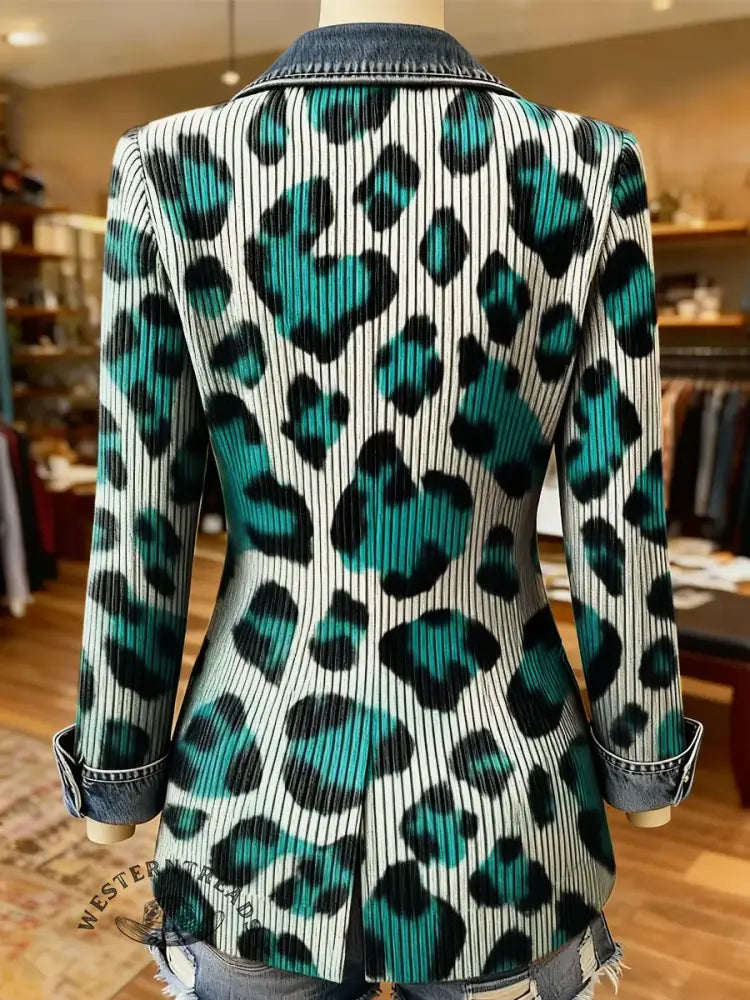 Leopard Art Print Patchwork Denim Sweater Cardigan Coat