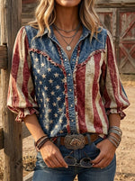 Women's American Flag Art Print Casual Denim Shirt