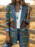 Vintage Aztec Art Print Patchwork Denim Coat
