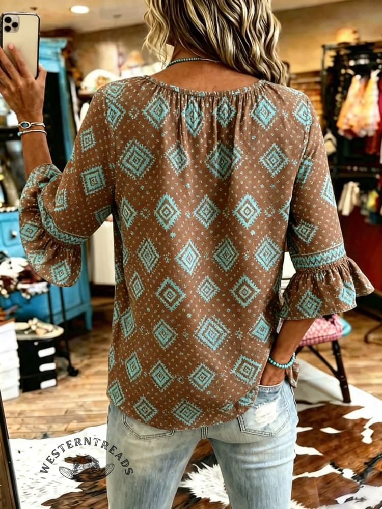 Women's Vintage Aztec Print Patchwork Chiffon Casual Shirt