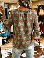 Women's Vintage Aztec Print Patchwork Chiffon Casual Shirt