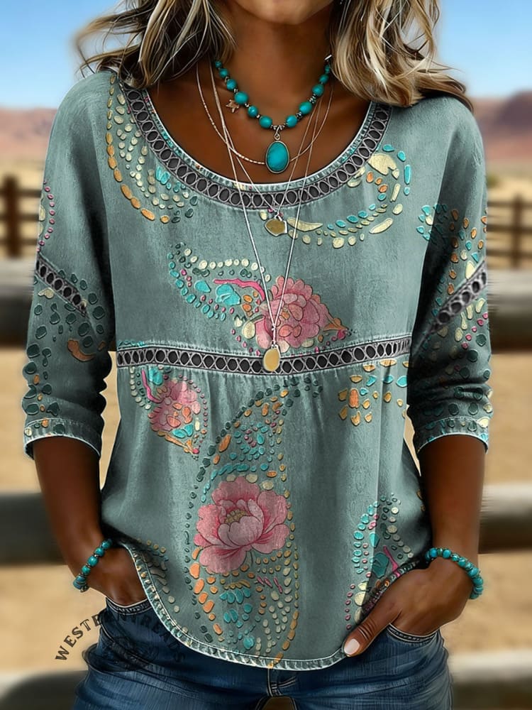 Women's Paisley Vintage Print Casual 3/4 Sleeves Hollow Denim Shirt