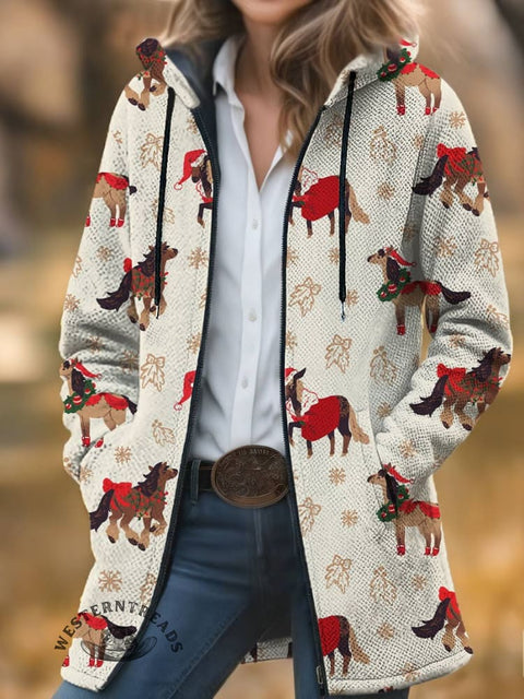Western Christmas Horse Print Unisex Plush Thick Long-sleeved Cardigan Coat