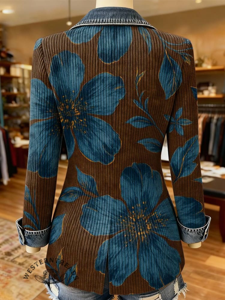 Retro Floral Print Patchwork Denim Sweater