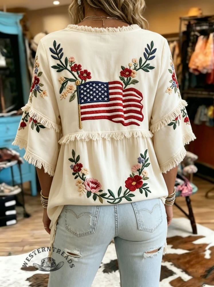 Women's Vintage US Independence Day Flowers Print Patchwork Casual Shirt