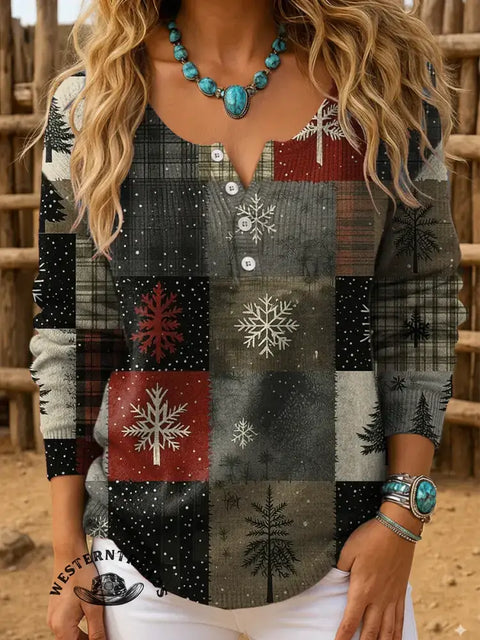 Women's Christmas Tree Art Print Henley Neck Sweater Top