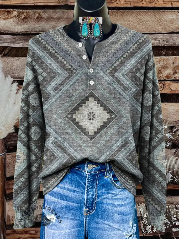 Women's Aztec Art Print Henley Neck Sweater