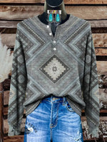 Women's Aztec Art Print Henley Neck Sweater