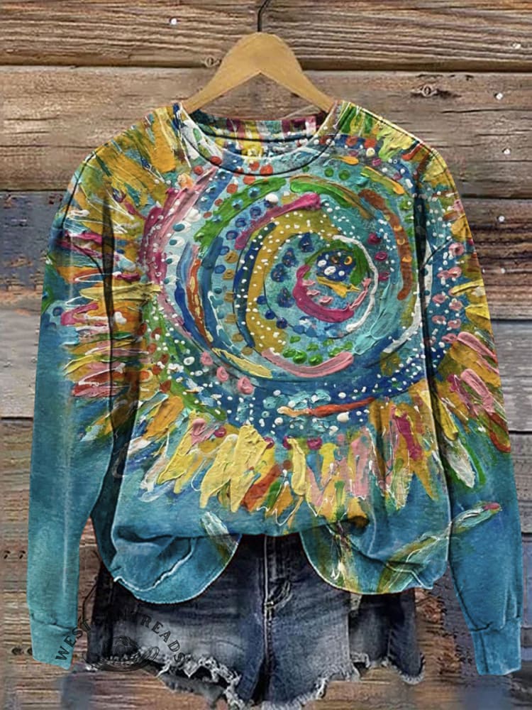 Retro Flowers Art Prints Casual Cotton Sweatshirt